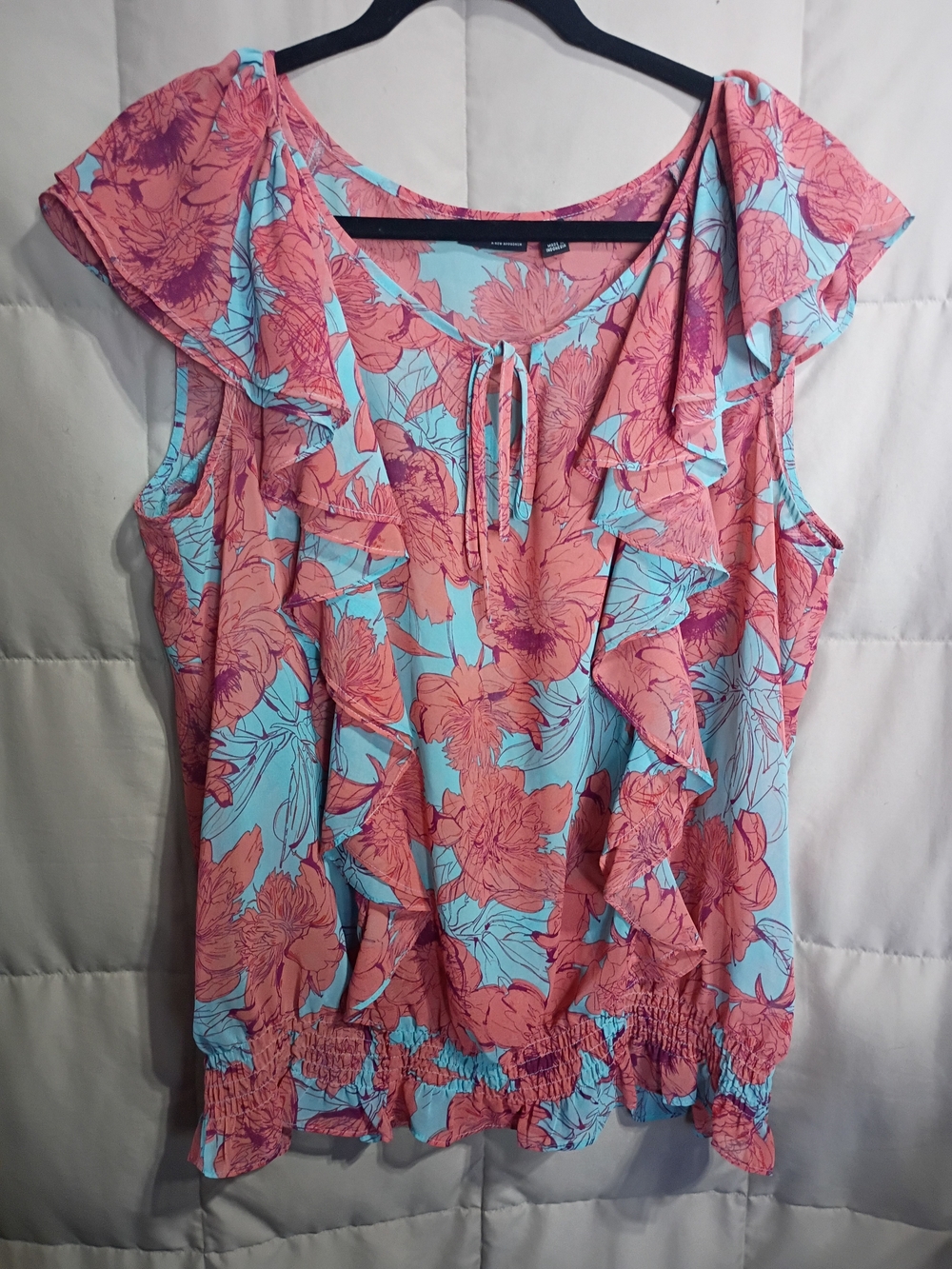 a.n.a Pink Floral Ruffle Sleeveless Top with Light Blue Base